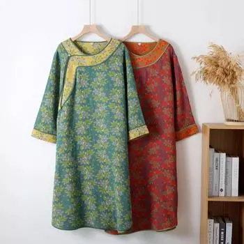 Ночная рубашка в классическом национальном стиле для женщин, хлопковая одежда, подходит для весны и осени, свободный крой, ночная рубашка средней длины M зелёный