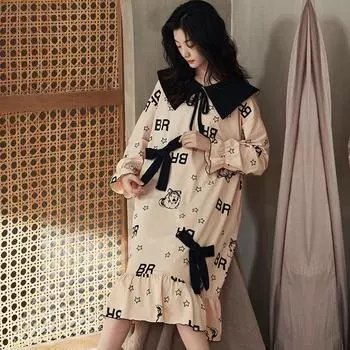 Ночная рубашка весна осень новые женские хлопковые длинные рукава кукольный воротник миди домашняя одежда сладкий принцесса стиль свободные повседневные ночные рубашки M