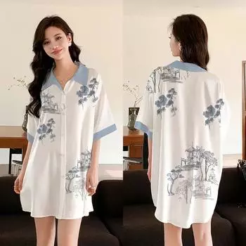 Ночная рубашка женская домашняя одежда летний тонкий кардиган на пуговицах удобный повседневный свободный большой размер One size