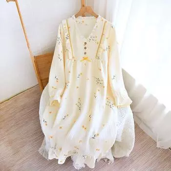 Ночная рубашка женская из чистого хлопка с длинными рукавами, пижама женская новая с круглым вырезом, милая нежная повседневная свободная пижама M