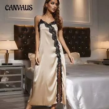 Ночная рубашка женская летняя сплит кружевная слинг имитация шелка сексуальная ночная рубашка трансграничная домашняя одежда S шампанского