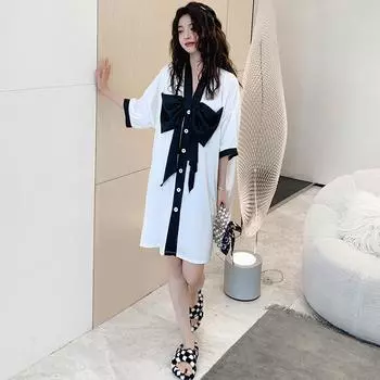 Ночная рубашка, женская милая летняя шелковая пижама, тонкая рубашка с бантом, большой размер, стильная домашняя одежда принцессы, шикарное платье миди one size