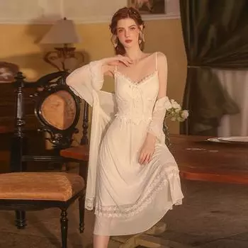 Ночная рубашка женская ночная рубашка комплект весенняя кружевная однотонная сетчатая ночная рубашка удобная женская домашняя одежда M