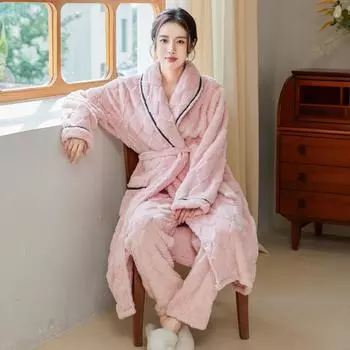 Ночная рубашка женская пижама мужская домашняя одежда осень-зима длинная коралловая бархатная плюшевая толстая парная банная рубашка фланель теплая одежда для сна M розовый