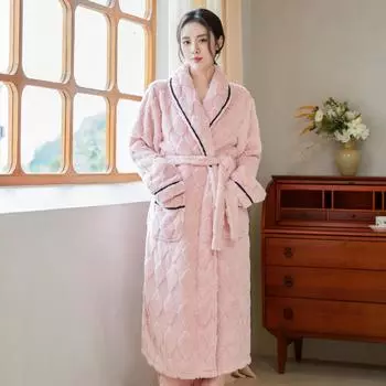 Ночная рубашка женская пижама мужская домашняя одежда осень-зима длинная коралловая бархатная плюшевая толстая парная банная рубашка фланель теплая одежда для сна M розовый