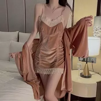 Ночная рубашка женское нижнее белье бархат кружево глубокий V сексуальная ночная рубашка женская пижама куртка 2 шт халат комплект M