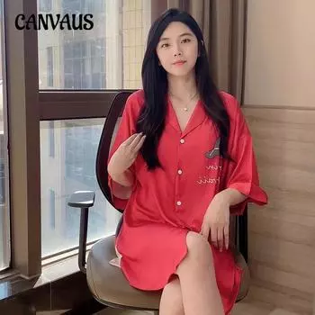 Ночная рубашка женское платье летнее тонкое шелковое платье рубашка пижама с короткими рукавами свободная рубашка домашняя одежда M красный