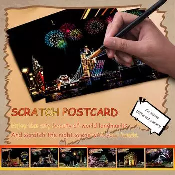 Ночная сцена, скретч-живопись, городской пейзаж, здание, скретч-живопись, маленькая красочная картина One Size