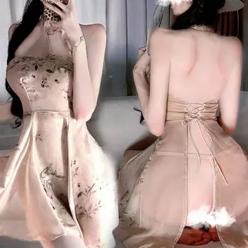 Ночная жизнь ретро новый китайский А-образный юбка соблазнительный соблазн напечатанный чонсам сексуальный чистое желание перспектива голая спина веселье One Size