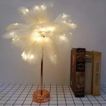 Ночник светодиодный настольная лампа с перьями, железная основа, креативный ночник, романтическое украшение дома, спальня, гостиная, столовая 22CM розовый