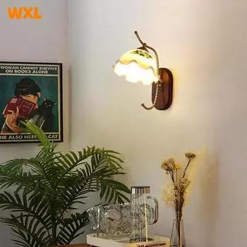Ночник в скандинавском стиле для спальни, американский ретро-светильник для гостиной, настенный светильник для коридора, японский настенный светильник из цельного дерева и стекла Warm White (2700-3500K)