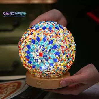 Ночник в стиле барокко Экологичный трехцветный бесступенчатый затемняющий мягкий светильник Красивое широкое применение Украшение стола Деревянный богемный ночник синий