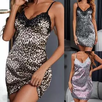 Ночное платье без рукавов с регулируемым ремешком, свободный подол, кружевная строчка, леопардовый принт, женская одежда для сна, пижамное платье S жёлтый