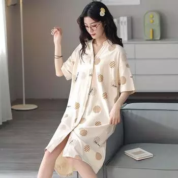 Ночное платье Женские летние ночные рубашки из чистого хлопка Кардиган Тонкий короткий рукав Средняя пижама Свободная повседневная домашняя одежда для девочек M бежевый