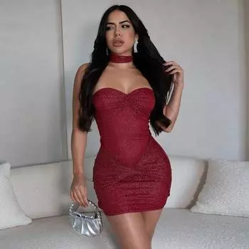 Ночное шоу сексуальное V-образным вырезом с глубоким вырезом чистое желание вытереть грудь тонкое похудение сумка ягодицы платье женщины S красный