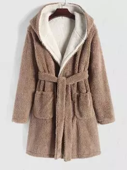 Ночной халат ZAFUL Warmth Fuzzy Fleece Reversible с капюшоном S света кофе