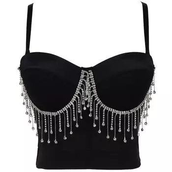 Ночной клуб кисточки сексуальный бюстгальтер женский стразы косточки майка укороченные топы женский низкий вырез лямки корсет S чёрный