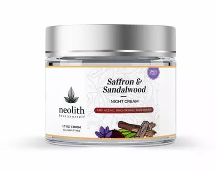 Ночной крем Neolith с шафраном и сандаловым деревом | 94% органический | Ночное восстановление кожи, Антивозрастное, Для сияющей и молодой кожи | Без силикона, минерального масла, парабенов 50 ML белый