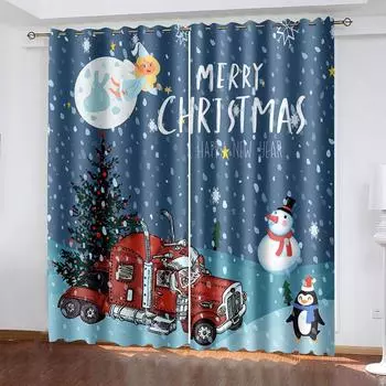 Ночной стиль Kawaii Рождественский занавес Украшение Санта-Клауса Шторы Лось Мультфильм Машина Рождественская елка Узор Украшения W132cm x H160cm&Hook