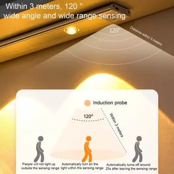 Ночной светильник для шкафа с регулируемой яркостью, без мерцания, без проводов, сверхтонкий перезаряжаемый беспроводной светодиодный ночник с датчиком движения 20cm чёрный