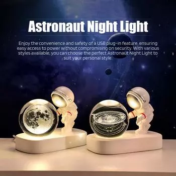 Ночной светильник космонавта с питанием от USB, 3D-космонавт из искусственного хрустального шара, настольная лампа для детской спальни 2