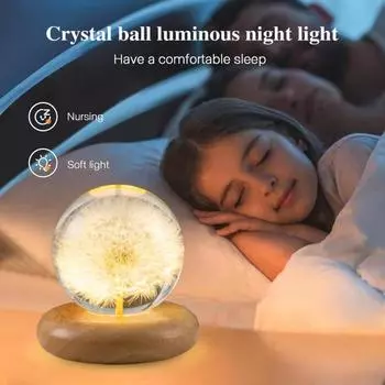 Ночной светильник «Одуванчик» с деревянной основой, теплый свет, вечный цветок, романтический светодиодный кристалл