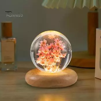 Ночной светильник «Одуванчик» с деревянной основой, теплый свет, вечный цветок, романтический светодиодный светильник в виде хрустального шара, универсальный декор для спальни A