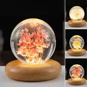 Ночной светильник «Одуванчик» с деревянной основой, теплый свет, вечный цветок, романтический светодиодный светильник в виде хрустального шара, универсальный декор для спальни A