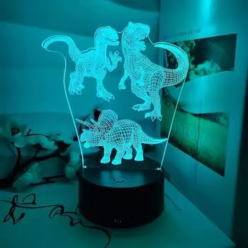 Ночной светильник с 3D-принтом в виде динозавра, который может менять цвет и управляться прикосновением, подойдет в качестве небольшого подарка для семьи, креативного украшения дома. Three dinosaurs, 7color