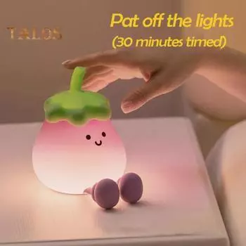 Ночной светильник с рисунком баклажана, регулируемый мягкий свет, без мерцания, сенсорное управление, перезаряжаемый через USB, силиконовый детский ночник A