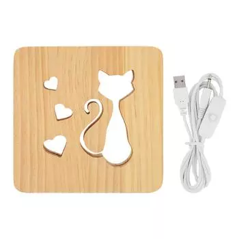 Ночной светильник с рисунком кошачьего сердца спереди и сзади, полая деревянная 3D светодиодная лампа для спальни и ресторана