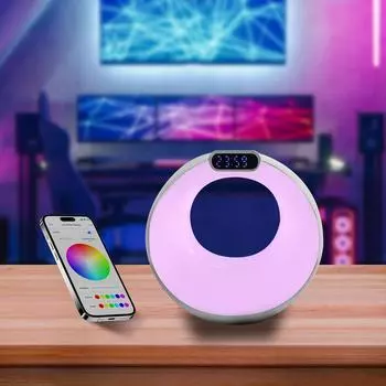 Ночной светильник Smart Atmosphere 2025 года с регулируемой яркостью RGB-подсветки, беспроводным управлением через приложение, беспроводным динамиком и будильником ZS934 чёрный