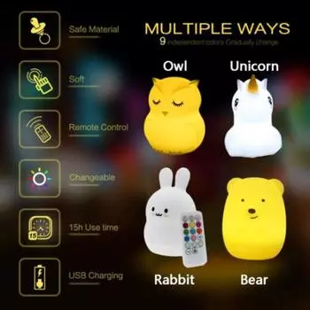 Ночной светильник, светодиодная прикроватная лампа, меняющая цвет, силиконовая детская лампа, пульт дистанционного управления Bear