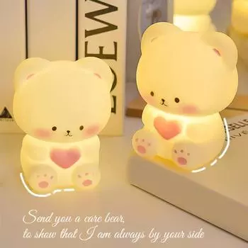 Ночной светильник в виде медведя, милый силиконовый светильник с мягким свечением, без мерцания, работающий от батареек, светодиодный светильник с мультяшным рисунком, украшение комнаты A