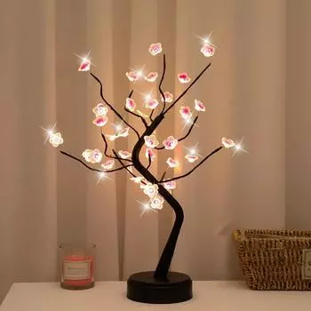 Ночной светильник в виде настольной елки с питанием от USB/аккумулятора, сенсорный выключатель, искусственный бонсай, цветущая вишня, светодиодная лампа для настольного дерева, украшение