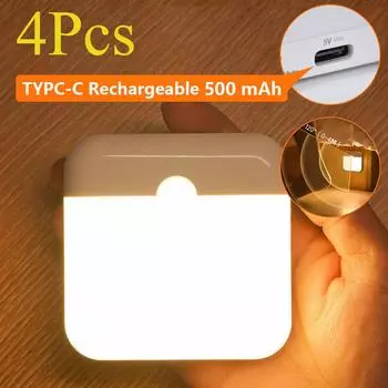 Ночной светодиодный датчик движения USB тип C зарядка квадратный светильник для спальни кухни лестницы прихожей шкафа шкафа освещения 1 Pcs