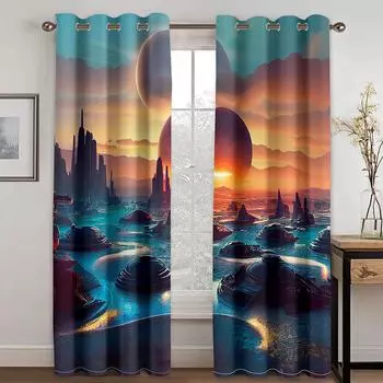 Ночной вид Звездное небо Восход 3D Шторы Море Фиолетовый Синий Шторы Спальня Балкон Окно Декоративные Шторы 2 Панели 50W130H(CM)X2PCS&Grommet Top
