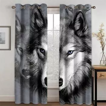Ночной волк под луной Дизайн животных светофильтрующие шторы оконные шторы для гостиной спальни 2 шт Декор 100W160H(CM)40x63in&Hook светло-зеленый