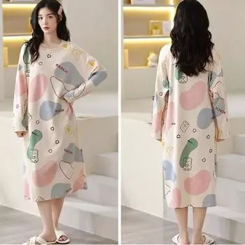 Ночные рубашки средней длины выше колена из чистого хлопка с длинным рукавом, женские свободные ночные рубашки на весну и осень, женские, большие размеры M