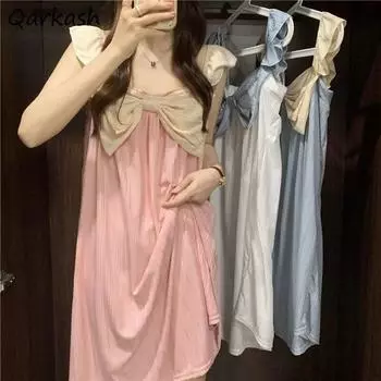 Ночные рубашки женские с бантом в стиле пэчворк, милая принцесса Ulzzang, мешковатые летние рукава, летняя мода, мягкая домашняя нежная одежда, шикарная студенческая одежда M белый