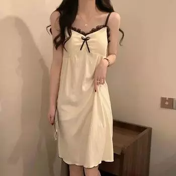 Ночные рубашки женские сексуальные кружевные дизайны женский темперамент распространенные летние новые тонкие корейские стильные милые повседневные удобные свободные домашние рубашки M абрикосовый