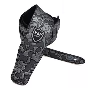 [NOELAMOR] Ремень для гитары с цветочным узором из искусственной кожи, симпатичный, стильный, для электроакустической гитары, баса (Серебряный цветок)