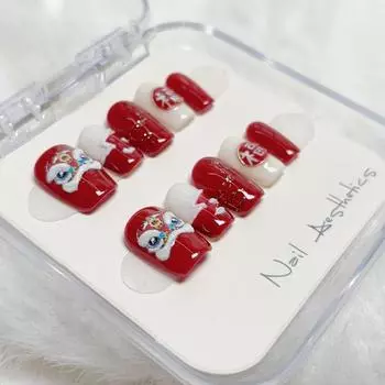 Ногти Ручная работа Носимые произведения искусства Большой Красный Пробуждающийся Лев Фу Иероглиф Новый Год L