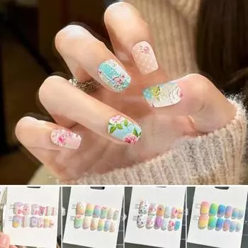 Ногти с клеем Красочное 3D-тиснение Квадратное короткое наращивание ногтей Полное покрытие A