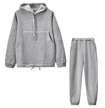 Noichi Parka Pants Sweatshirt Room Wear Top and Bottom Set 2 Piece Set for Women [1/2style] [Nibun Style] (М, Грей) серый