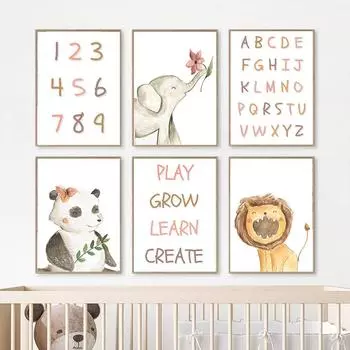 Номер Алфавит Слон Плакат Печатает Фотографии Холст Бохо Искусство Детская Стена Украшения Дома Картины Детские Дети Для Гостиной 21*30cm