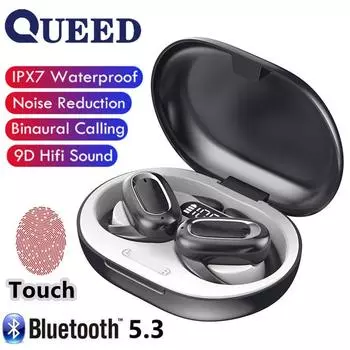 Номер беспроводной Bluetooth-гарнитуры показывает экран с шумоподавлением. Спортивная подвесная Bluetooth-гарнитура с открытым ухом. чёрный