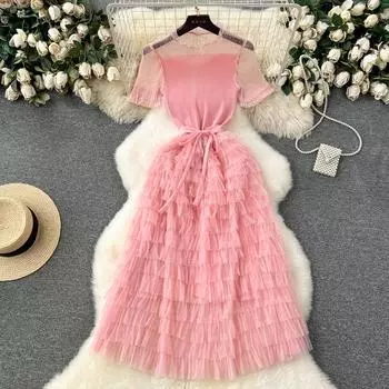 Nomikuma French Women Sweet Mesh Cake Dress Tie Up Taile Slimming Mid Length Elegant Long Cake Dresses 2024 Summer New Vestidos One Size чёрный