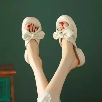 Non-extravagant Feichi giant cute~ leather round head bow thick bottom open toe one-word drag women wear thick heel sandals 40