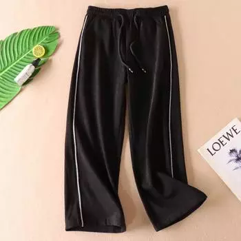 Non-Ironing Non-Wrinkle Anti-Pilling Elegant Graceful Black Loose Pants Women s Autumn Side Silver Line Cropped Pants Wc94 Black M